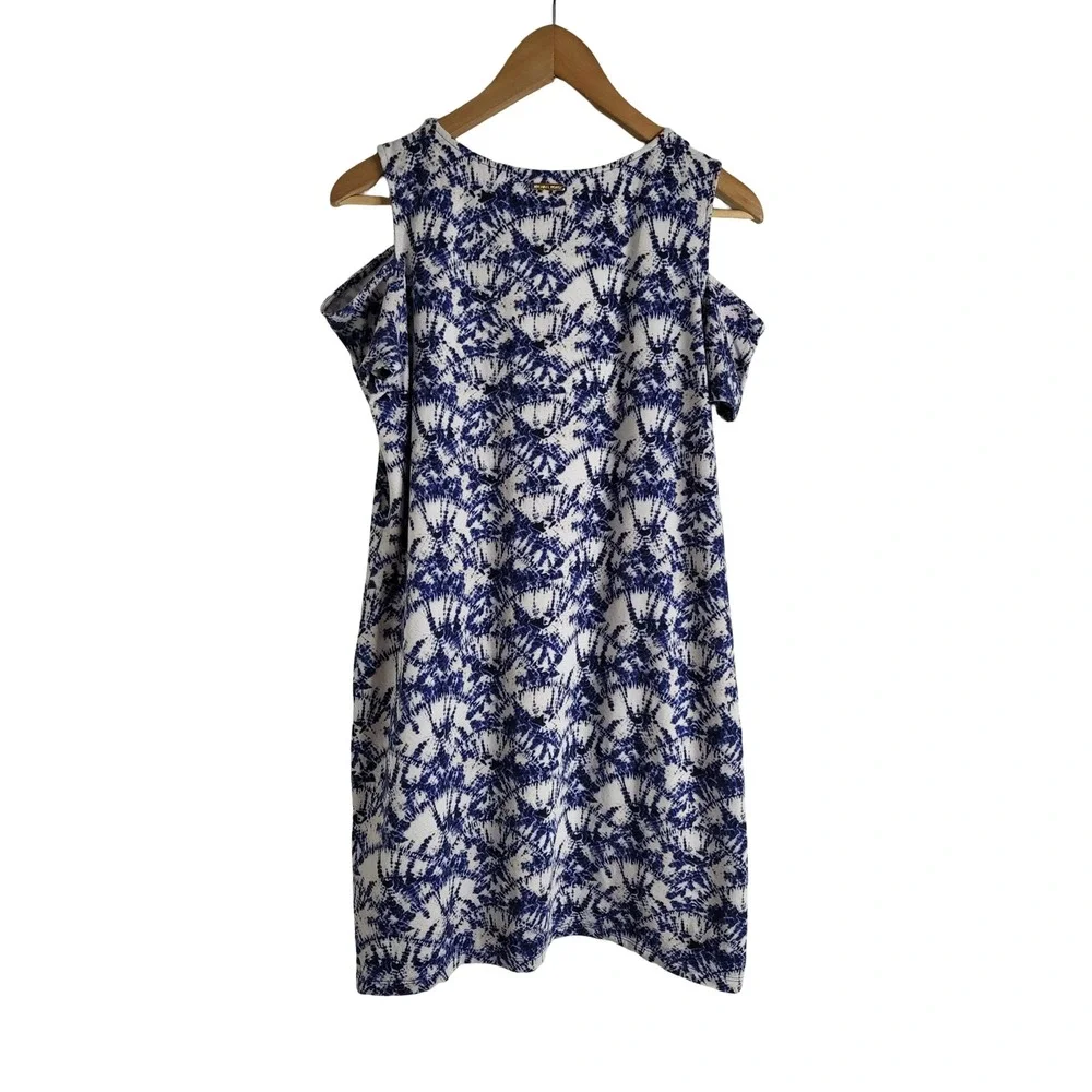 Michael Kors Blue White Tie Dye Cold Shoulder Dress Large Sunburst Mini